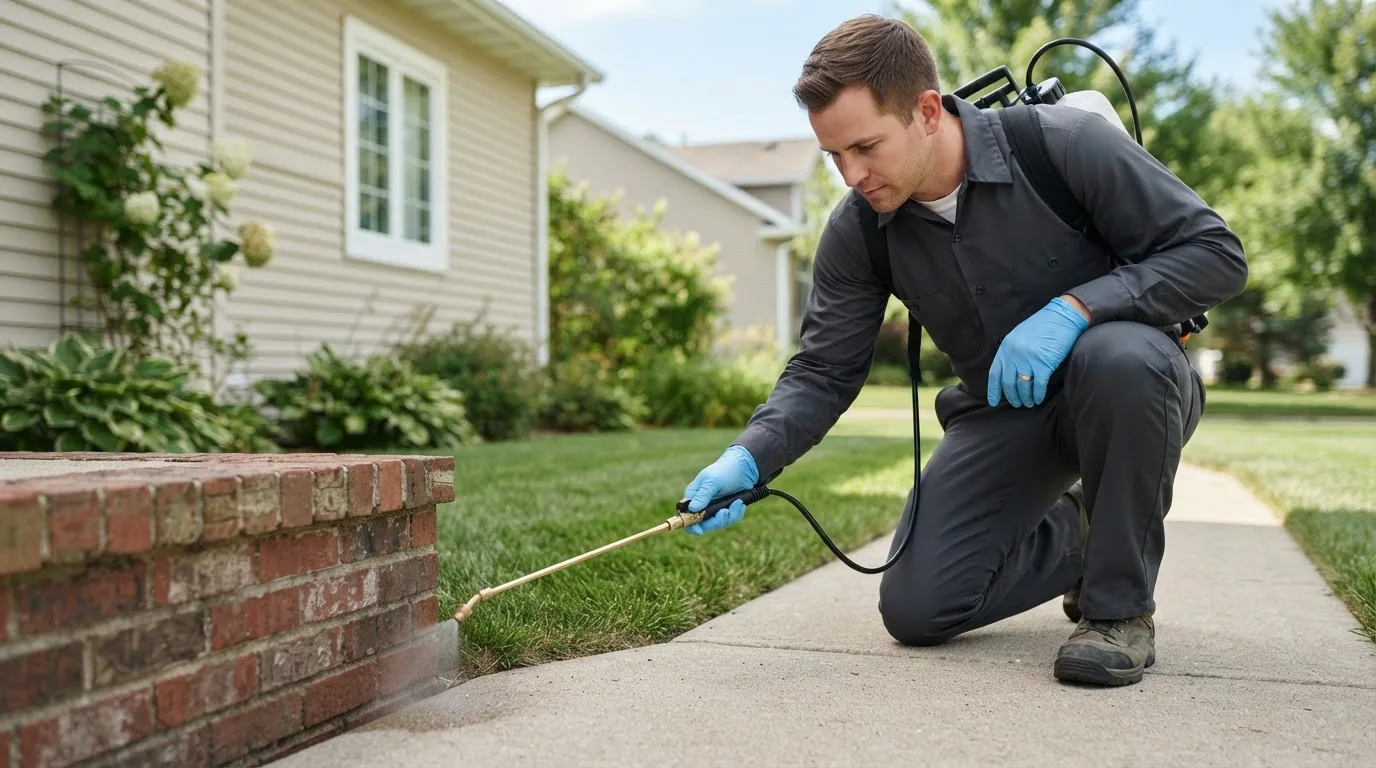 Pest control technician treating a home near Waterbury, CT